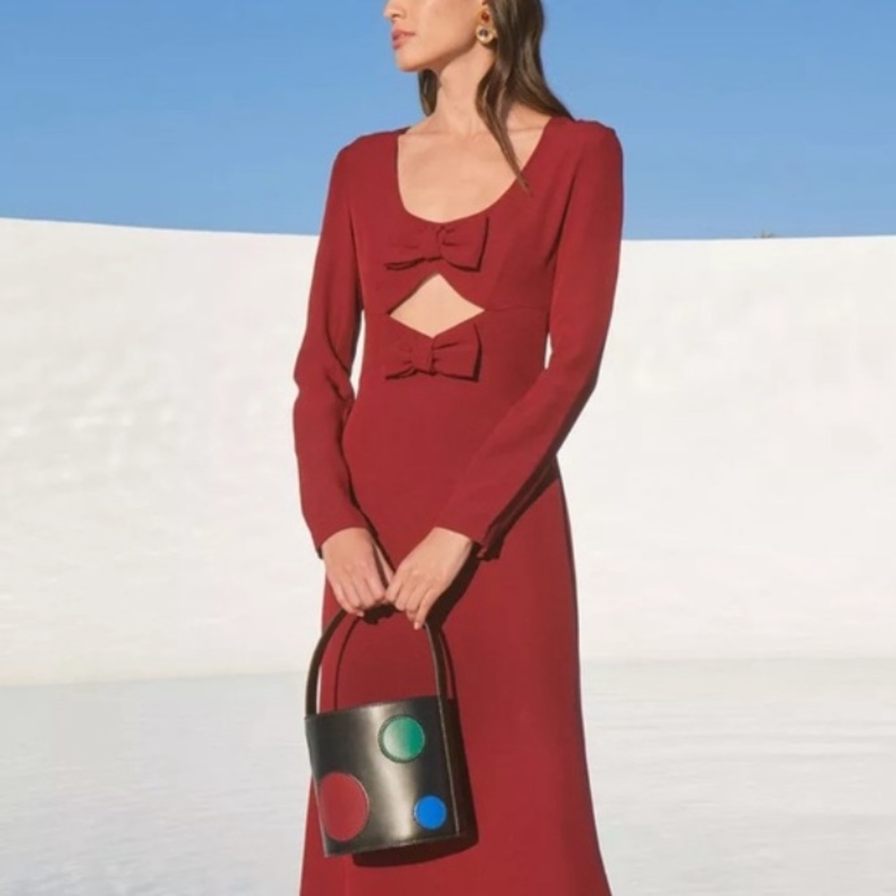 STAUD Long Sleeve Lido Dress Bow Cutout detail maxi In Garnet Sz 10 new with tag
